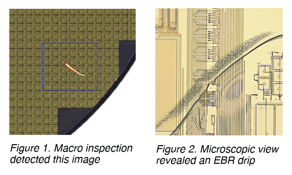 In this example, in-line macro inspection spotted an infrequently repeating defect that resembled a scratch (see Figure 1). This led to microscopic inspection, which revealed that!the defect was actually an EBR drip (see Figure 2). Graphic illustration of intermittent in-line wafer defects.